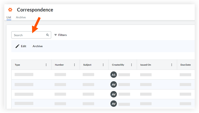 Correspondence Search Bar in List View.png